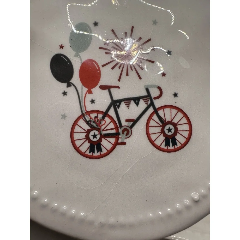 Envogue Home Patriotic Ceramic Bicycle Platter & 8 Appetizer Plates 9 Pc Set USA